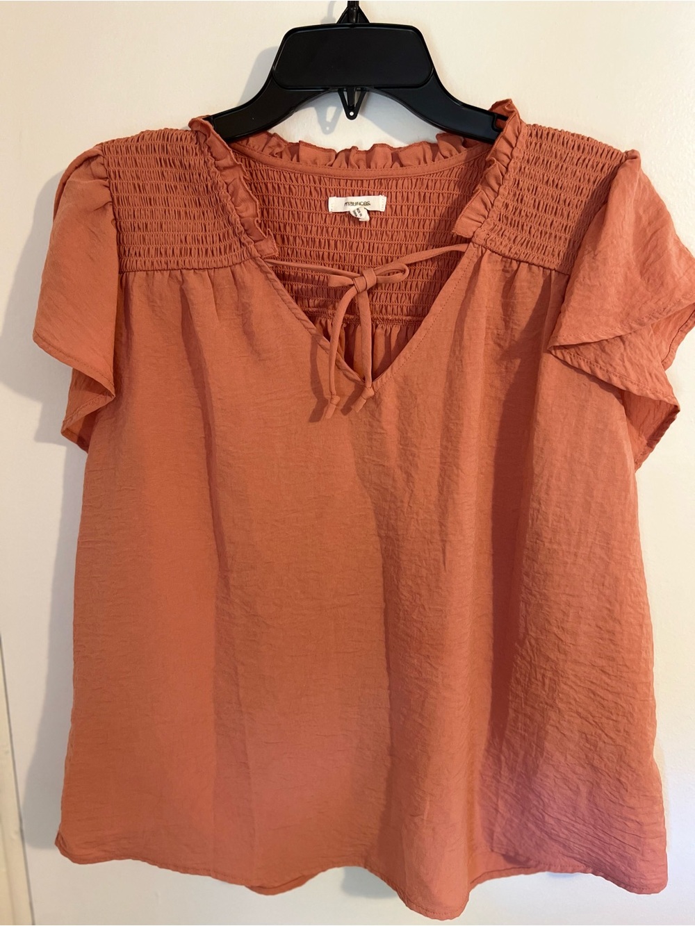 Maurices Terracotta Smocked Yoke Tie Front Blouse